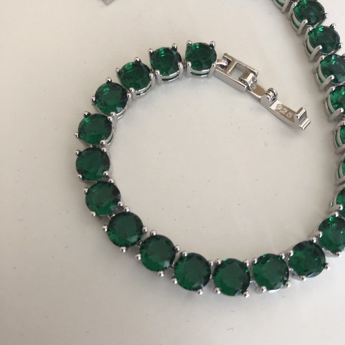 Sterling Silver 925 Lab-Created Green Emerald Round Gemstones Tennis Bracelet - Picture 7 of 9
