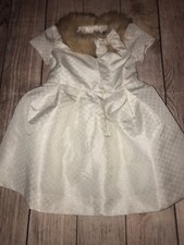 Janie Jack Dress 6 12 M Evergreen Castle Shimmer Ivory Gold Faux Fur Collar NEW