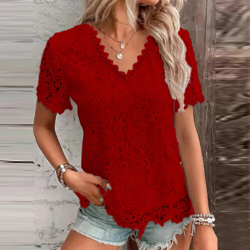 Damen Elegant Spitze Bluse Hemd V-Neck Sommer T-Shirt Oberteile Kurzarm Tunika - Bild 20 von 29