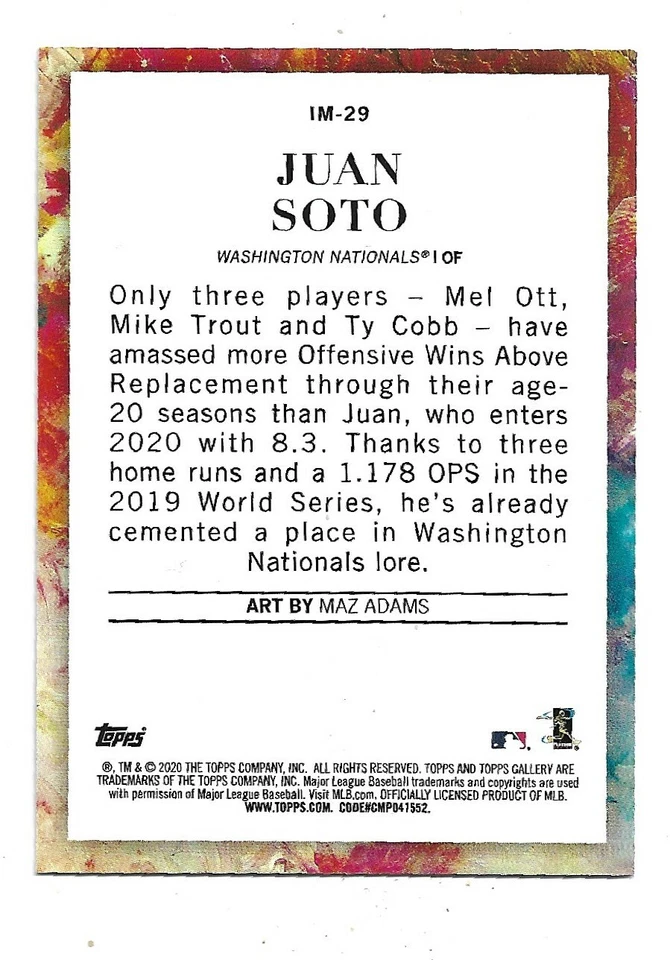 2020 Topps Gallery=Impressionists Juan Soto-Nationals-Hard Pull-NM - Image 2 of 2