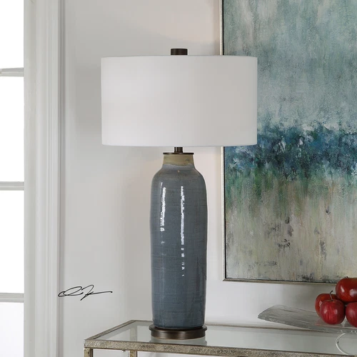 Classic Slate Blue Oil Rubbed Bronze Cylinder Lamp | White Shade Round Coastal - Picture 2 of 7