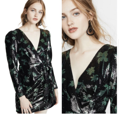 Self Portrait Black Green Leaf Sequin Mini Dress Size US NWT