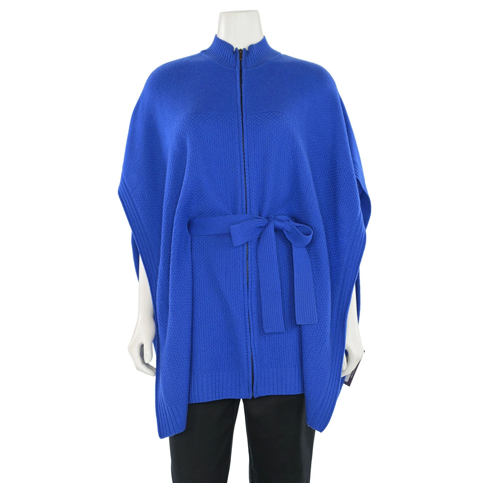 St. John Knits Zip-Up Poncho Sweater w/ Belt in Violet Blue sz P