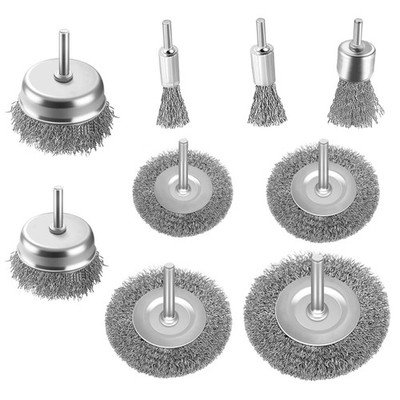 9-piece wire brush drill set, 6mm round shank - disc brushes 38, 50, 65, 75 mm,