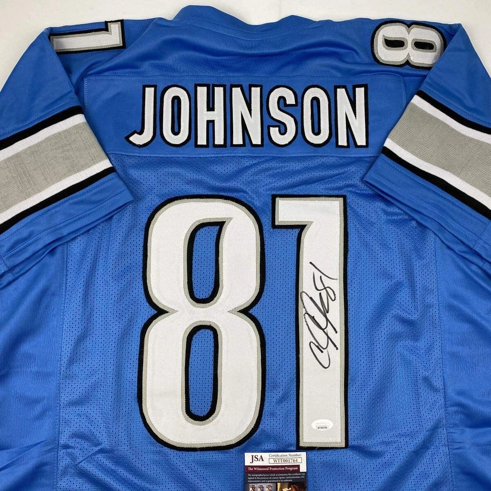 Camiseta de fútbol americano autografiada/firmada Calvin Johnson azul Detroit certificado de autenticidad JSA Foto 2 de 4