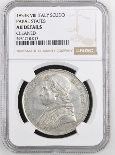 ITALY / PAPAL STATES  1853-ROMA  SCUDO SILVER COIN, NGC CERTIFIED AU DETAILS