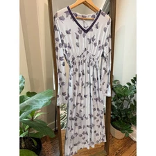 Donna Nadeau Women Long Sleeve V Neck Midi Sleep Dress Leaf Print Size M lounge