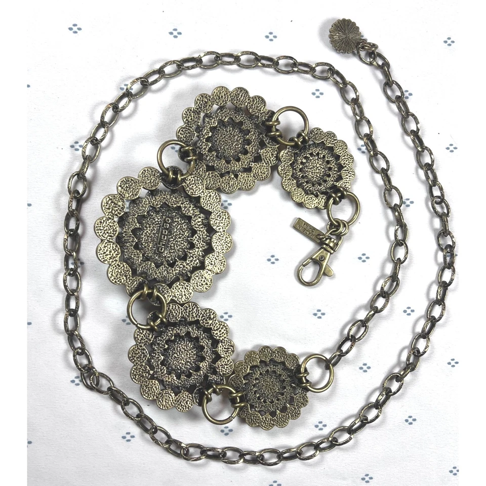 CHICOS Cinturón Cadena Flor Marrón Cierre Ajustable Detalle Único BOHO Retro Foto 4 de 4