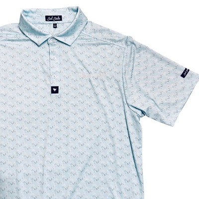 Bad Birdie AOP Golf Polo Shirt Mens L Blue Flamingo Short Sleeve Balfour Beatty