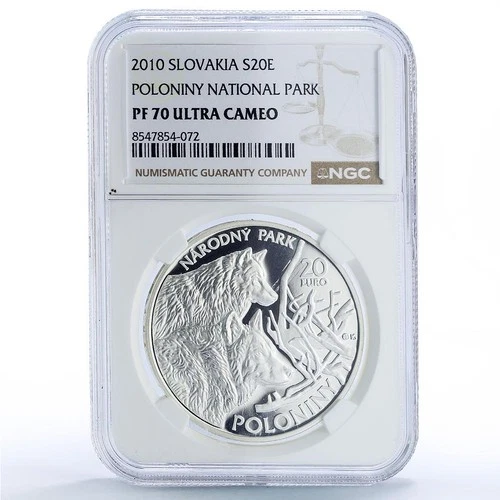 Slovakia 20 euro National Park Poloniny Wolves Fauna PF 70 NGC silver coin 2010