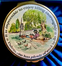 Halcyon Days Bilston & Battersea Round Enamel Trinket Box with Humorous Quote 