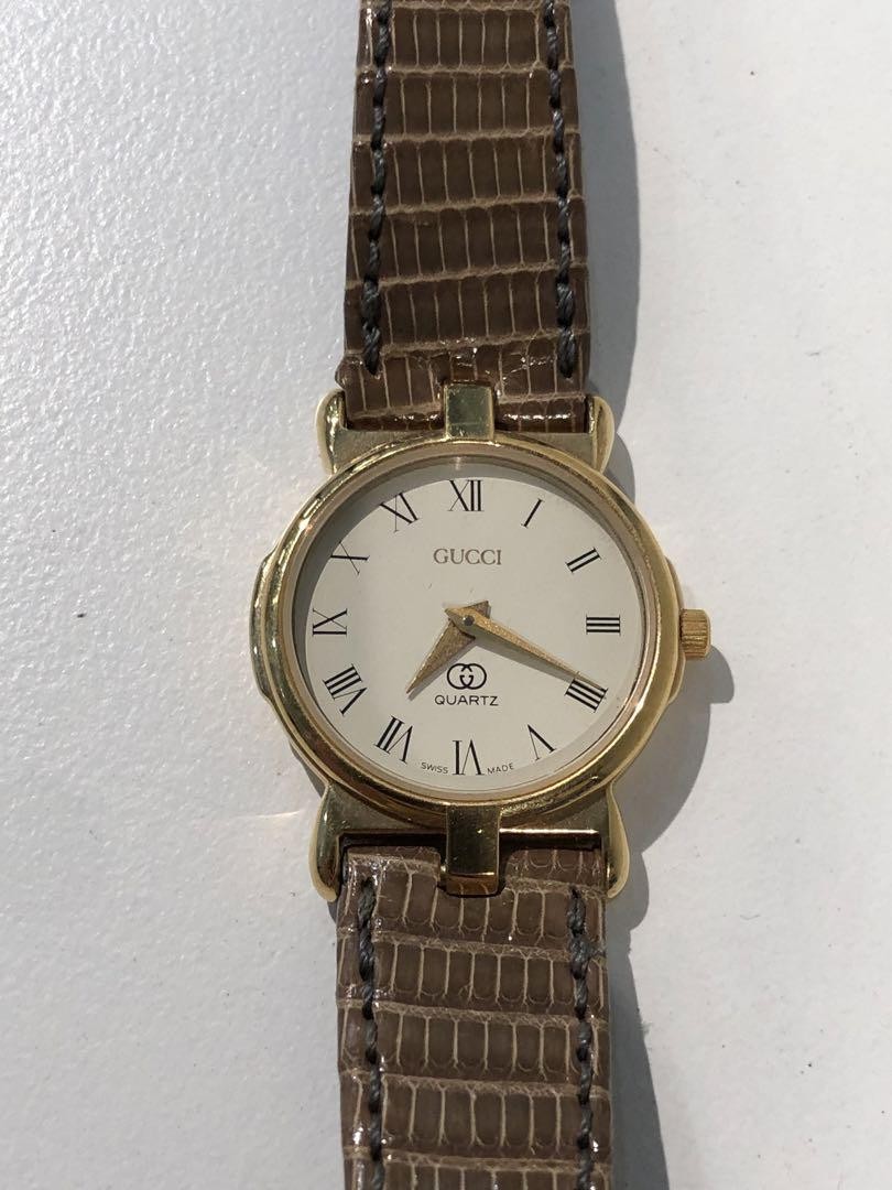 GUCCI時計 Gucci S824 Gold Quartz Watch Leather Strap Roman Numerals