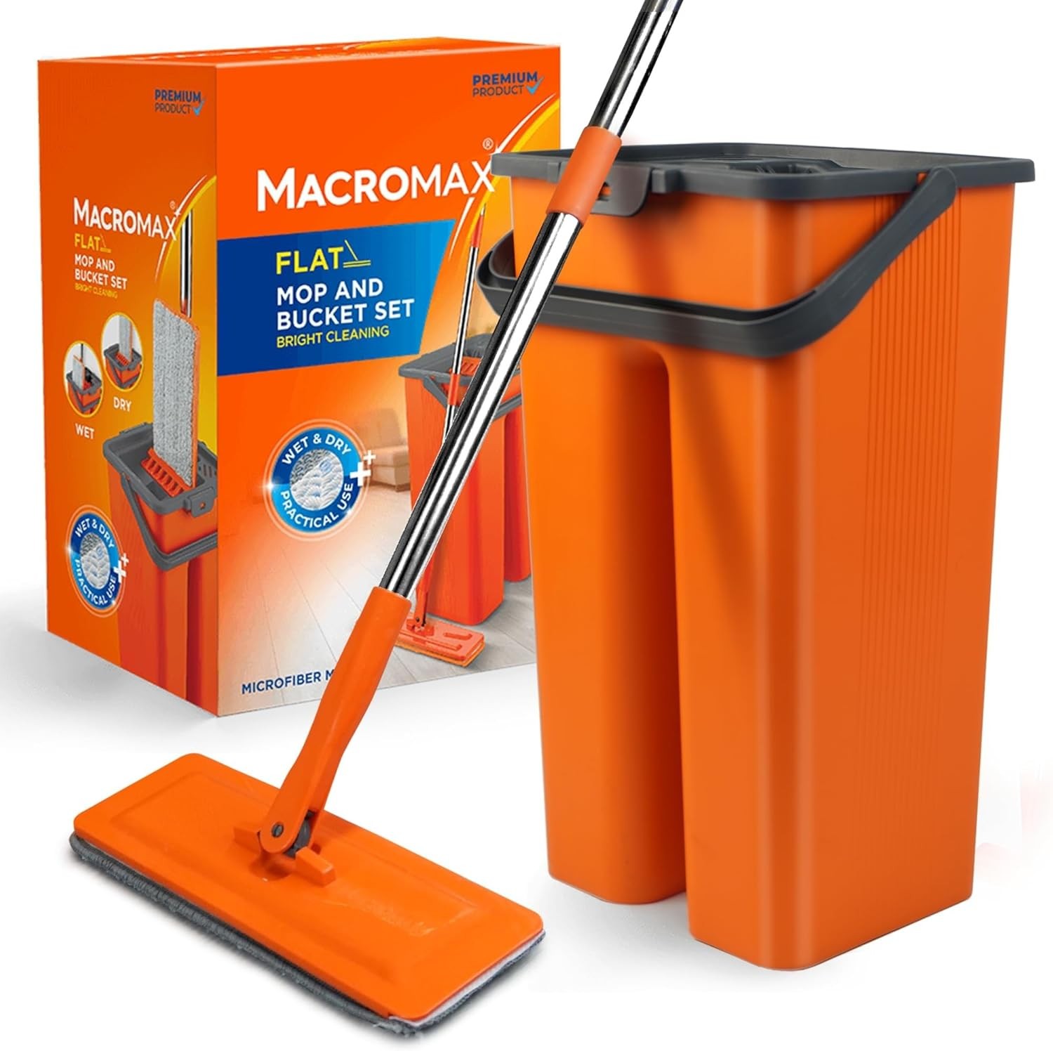 Macromax Flat Mop & Bucket Set, Aqua Revolution System with 8L Capacity, Wet &