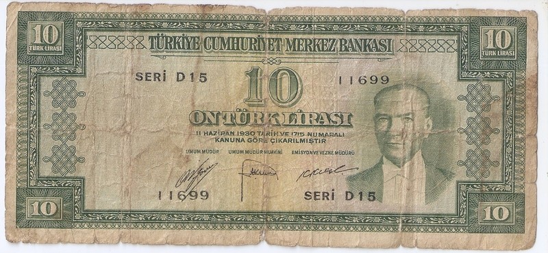Turkey 10 Lira 1930 Series D   President K. Atatürk,  back green  Rare!!!