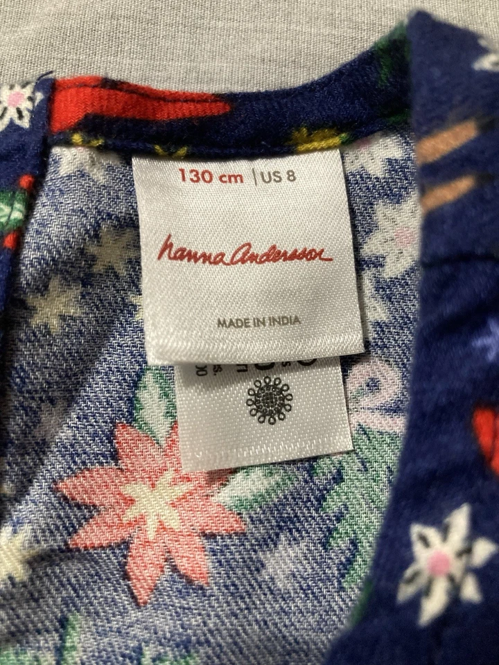 Vestido de Navidad Hanna Anderson Talla 8 Azul Algodón Vacaciones Poinsettias Reno 130 Foto 3 de 4