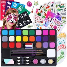 Face Painting Kit for Kids 24 Colors with Stencils Brushes Washable Party Set
