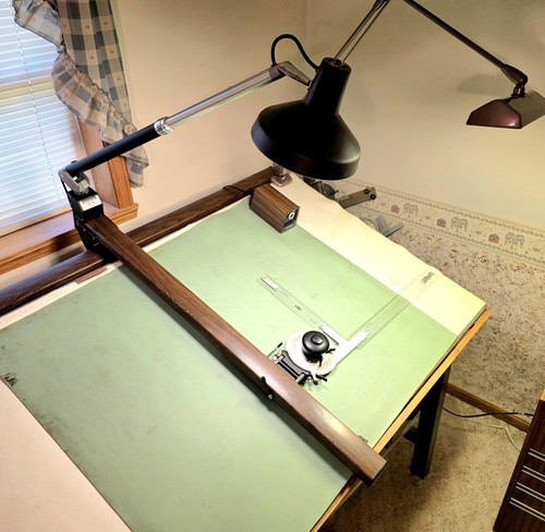 Vemco Mark XII V-Track Drafting Machine, Protractor Head, Rulers, Vemcolite VL-4