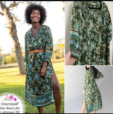 NATURAL LIFE Boho Dara Green Floral Oversized Maxi Dress XS NWOT