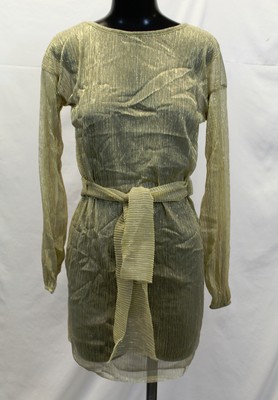 gold plisse balloon sleeve sheer shift dress