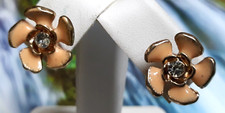 Gold Tone Pink Enamel Flower Stud Earrings with Clear Center Rhinestones