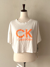 CALVIN KLEIN PERFORMANCE Women's Sz L Stacked Flocking Logo-Print Cotton T-Shirt