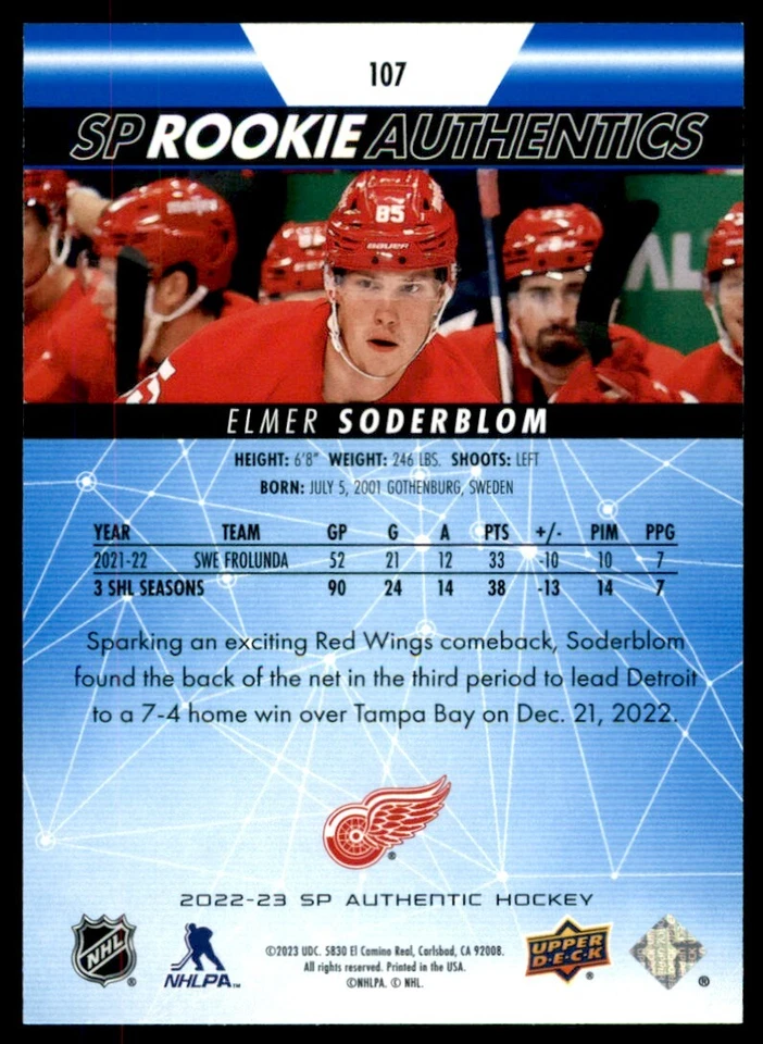 2022-23 SP Blue Elmer Soderblom #107 - Image 2 of 2
