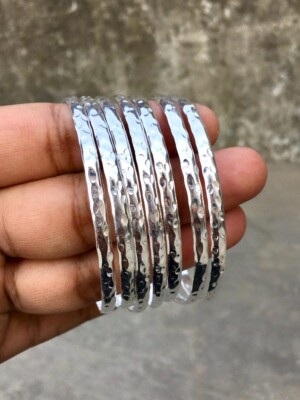 Solid 925 Sterling Silver Bangles, Hammered Bangles Stacking Set of 7 Bangle