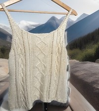 Crochet Sweater Tank Vest Pullover Cream Cable Knit Women Medium Cottage Boho