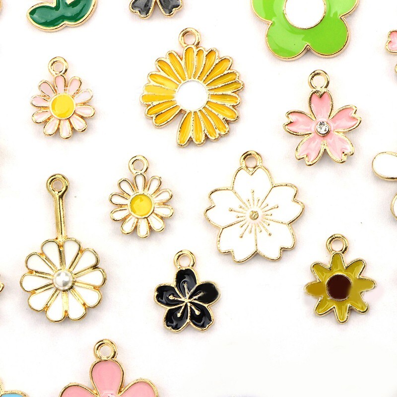 30PCS Assorted Gold Plated Enamel Flower Charms Pendant DIY for Jewelry