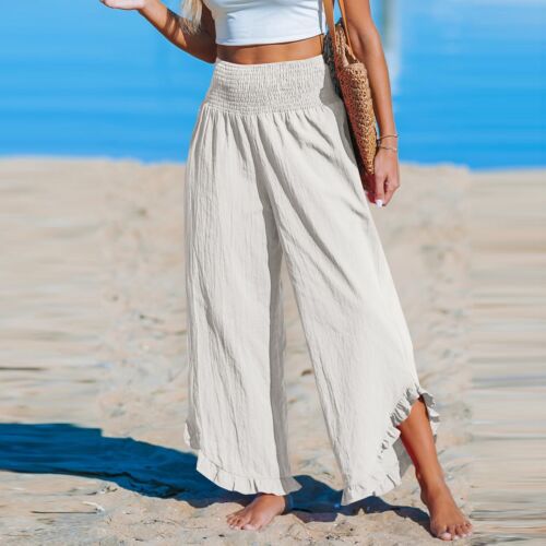 Damen 100% Leinen Hose weites Bein Crop Hose Gummibund Leinen Sommerhose locker - Bild 8 von 30