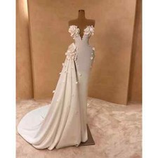 V Neck Satin Mermaid Romantic Wedding Dress Satin 3D Flower Overskirt Bridal