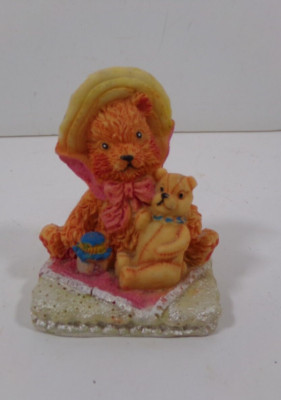 Honey Brown 3'' Bear Pair w Pink Ribbon on Hat Toy Bear and Flowers Figurine