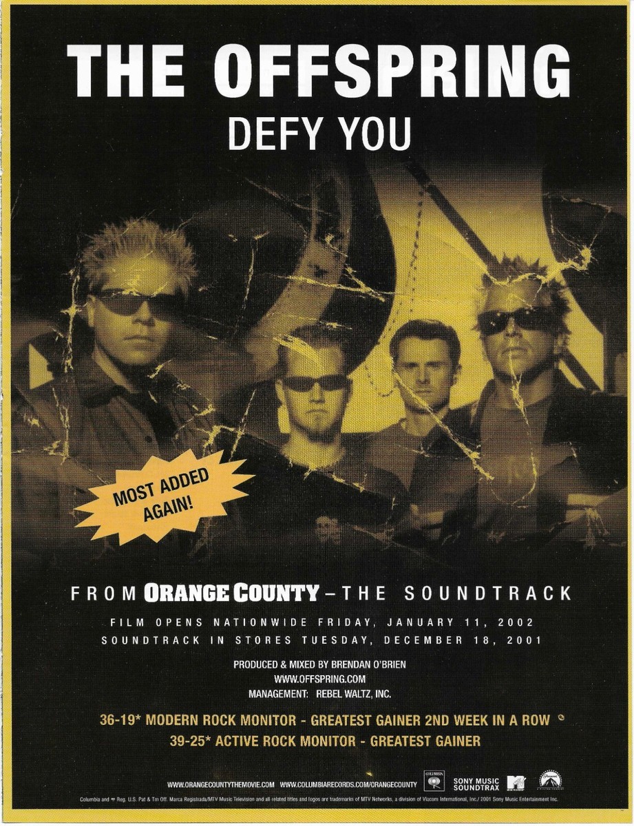 THE OFFSPRING Rare 2001 Defy PROMO TRADE AD Poster for Orange