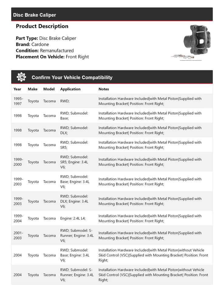 Pinza de freno de disco delantera derecha cardone 1996 1997 para Toyota Tacoma 1995-2004 Foto 2 de 4