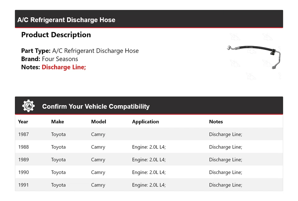 Manguera de descarga de refrigerante aire acondicionado Toyota Camry 1987-1991 4 estaciones 1988 1989 Foto 2 de 4