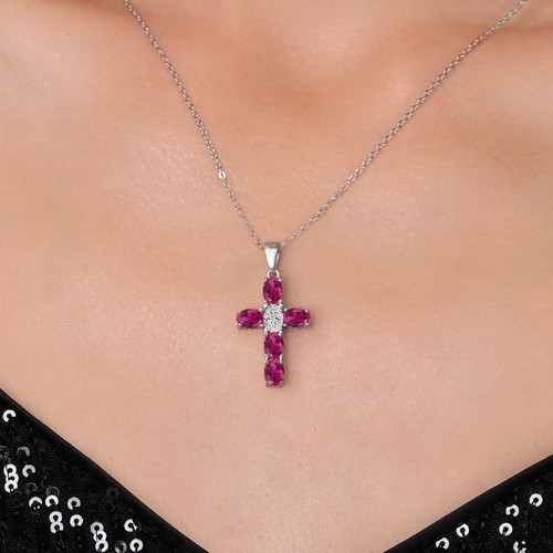 925 Sterling Silver Created Ruby and Lab Grown Diamond Cross Pendant Necklace - Picture 3 of 6