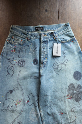GRAIL NWT Balenciaga S23 Demna Japan Hand-Drawn Strass Doodle Baggy Jeans Size S