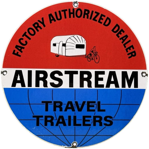 VINTAGE AIRSTREAM TRAVEL TRAILERS PORCELAIN SIGN DEALERSHIP GAS MOTOR OIL BIKE