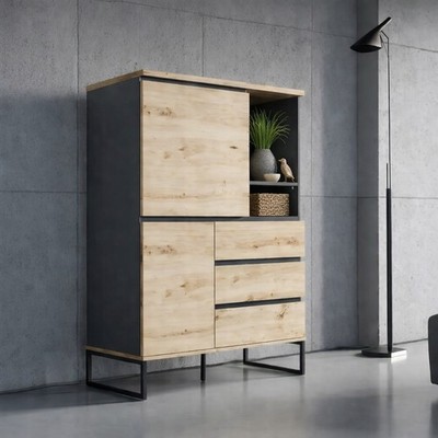 KOMMODE JOVAN 3 SCHUBLADEN EICHE ARTISAN ANTHRAZIT SIDEBOARD WOHNZIMMER SCHRÄNKE