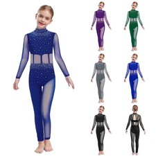 Kids Girls Dancewear Ballet Leotard Gymnastics Jumpsuit Diamond Patchwork Back