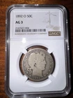 1892-O Barber Half Dollar Key Date Silver AG 3 NGC Nice Strike and Toning