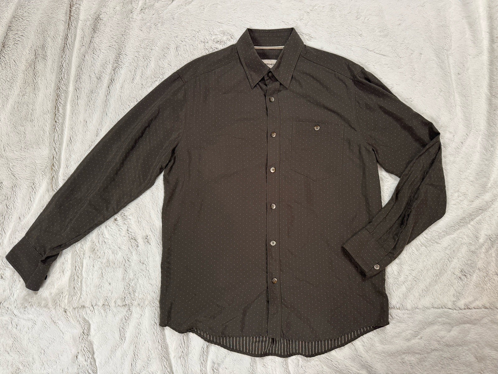 Vintage Pronto Uomo Men's M Long Sleeve Dress Shirt Rayon Brown Tan Pattern