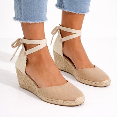 Castaner Carina Espadrille Wedge Sandals Ankle Wrap Tie Sand Size 38 US 7