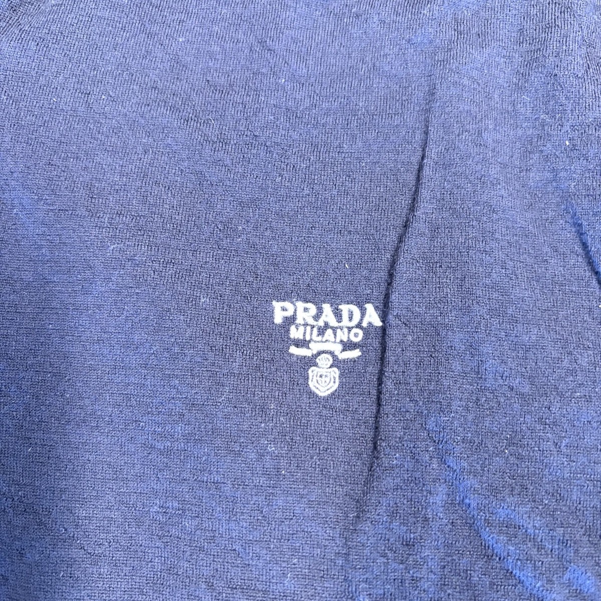 Prada Milano Navy Blue 1/4 Zip Polo Shirt Mens 52 Medium Logo Flaw