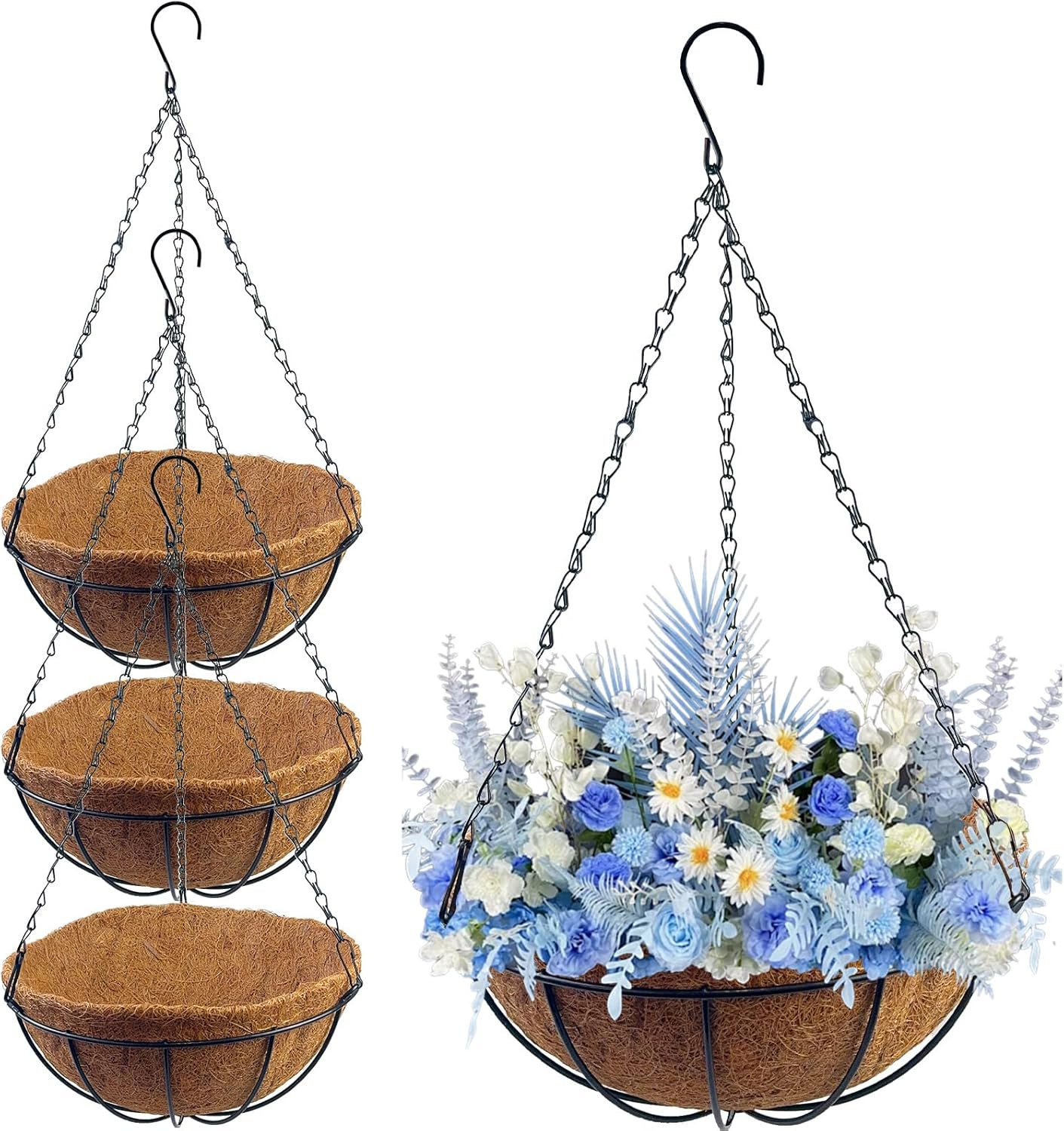 4Pcs 30Cm/12-In Hanging Basket with Coco Liner Metal Hanging Flower Pots Hanging