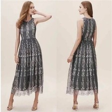 BHLDN ANTHROPOLOGIE Parsons Floral Embroidered Tulle Midi Dress Gray Size 18