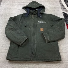 VTG Carhartt Duck Canvas C26 MOS Jacket Large Green Quilt Lined Zip Hood Alt 90s