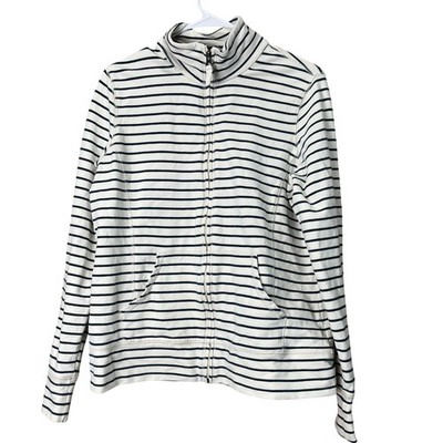L.L.Bean Full Zip Sweatshirt Womens Sz M Cream Navy Striped Mock Neck Coastal