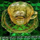 Set Of 4 Amber "Madrid" Federal  Depression Glass Coffee Tea Cups & Saucers