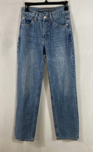 Alexander Wang Women's Blue High Rise Straight Leg Jeans Crystal Logo Sz 28